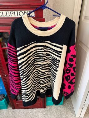 Lane Bryant Black Cream and Hot Pink Animal-Print Crewneck Sweater